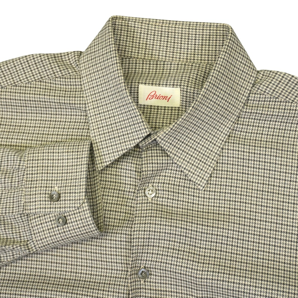 Brioni Button Down Shirt Mens L Tan Houndstooth Long Sleeve Cotton Italy